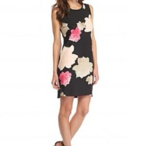 Calvin Klein Black Work Dress with Pink and Cream Floral Pattern Size 6